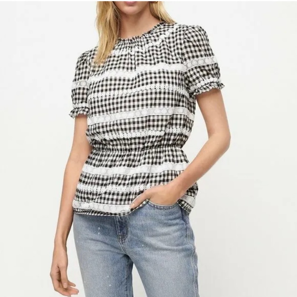 J. Crew Black and White Gingham Smocked Waist Puff Sleeve Blouse